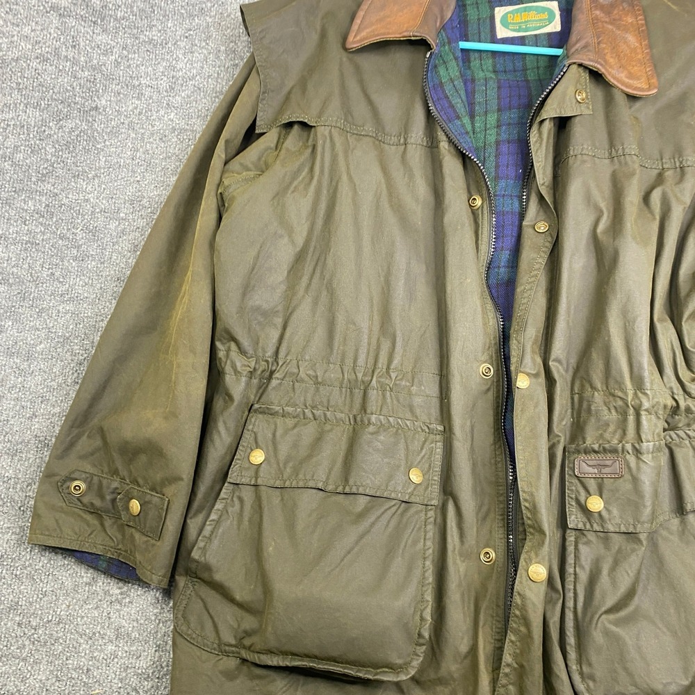 Rm Williams Mens Oilskin Jacket Waxed Cotton Leather Collar Green Plaid Lined L View 2
